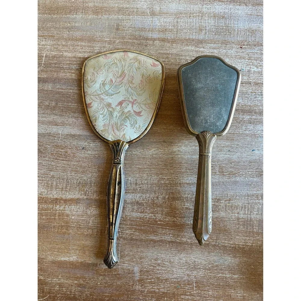 Vintage Gold Tone Vanity Set Hand Mirror Hair Brush Floral Embroidery Art Deco